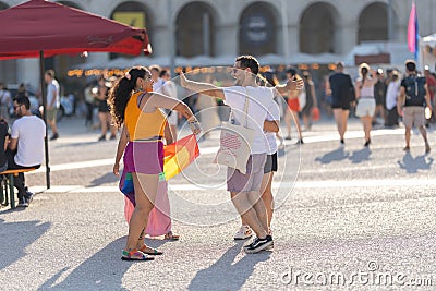 Lisbon, Portugal - 24 june 2023 - Terreiro do Paco Praca do Comercio: queer youth enjoying the pride festival Editorial Stock Photo