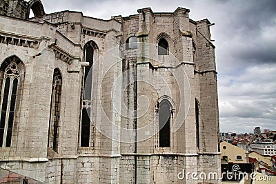 Arcades, pillars and facade of Do Carmo convent in Lisbon Editorial Stock Photo