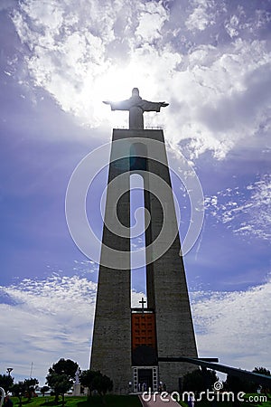 Lisbon, Portugal - March 2023: View of Christ the King (Almada) statue. The Sanctuary of Christ the King Editorial Stock Photo