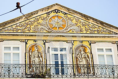 Lisbon, Portugal: masonic symbol and allegoric tiles representing science and agriculture Editorial Stock Photo