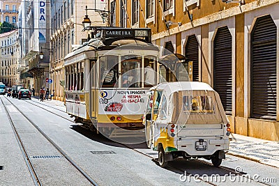 Lisbon, Portugal - May 18, 2017: The famous old tram no. 28 and Editorial Stock Photo