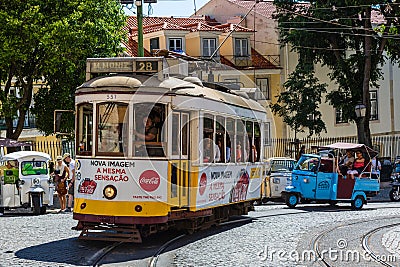 Lisbon, Portugal - May 19, 2017: The famous old tram no. 28 and Editorial Stock Photo