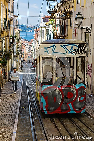 Lisbon, Portugal - May 17, 2017: Typical old tram in Lisbon, Portugal Editorial Stock Photo