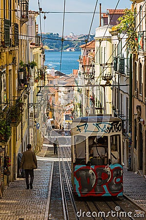 Lisbon, Portugal - May 17, 2017: Typical old tram in Lisbon, Portugal Editorial Stock Photo