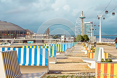 Lisbon, Portugal, Parque das NaÃ§Ãµe, cableway near oceanarium and Vasco De Gama tower. Editorial Stock Photo