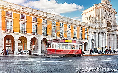 Lisbon, Portugal. Red tram at Commercial Square Editorial Stock Photo