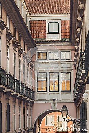 Lisbon, Portugal - 01/03/19: Rose street Arch Bairro Alto Rua da Rosa Editorial Stock Photo