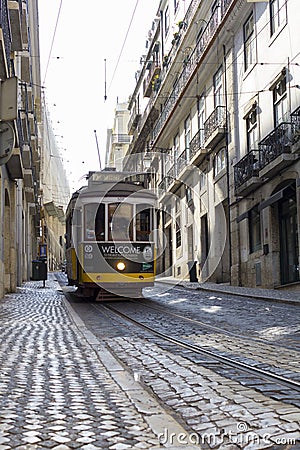 LISBON, PORTUGAL - SEPTEMBER 4, 2018: Famous Old trams on street of Lisbon.Vintage tram in Lisbon, Portugal in a summer Editorial Stock Photo