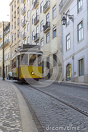 LISBON, PORTUGAL - SEPTEMBER 4, 2018: Famous Old trams on street of Lisbon.Vintage tram in Lisbon, Portugal in a summer Editorial Stock Photo