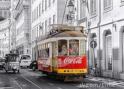 LISBON, PORTUGAL, SEPTEMBER 9, 2015: historic red retro tram adv Editorial Stock Photo