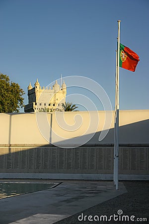 Lisbon, Portugal - September 17, 2006: List with names of soldiers on Combatentes do Ultramar (Overseas War) monument, flag of Po Editorial Stock Photo