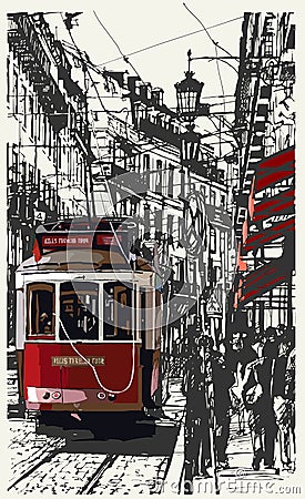 Lisbon, Portugal tramway near praca de Camoes Vector Illustration