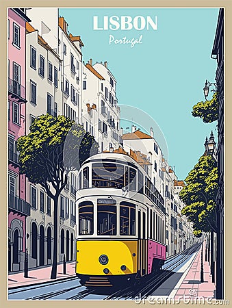 Lisbon, Portugal Travel retro Poster vector art. Vector Illustration