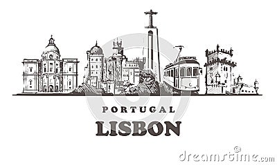 Lisbon sketch skyline,Portugal vintage vector illustration.Hand drawn Lisbon city Cartoon Illustration