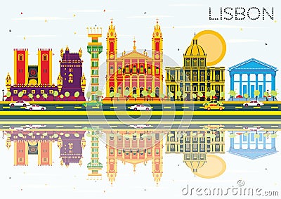 Lisbon Skyline with Color Buildings, Blue Sky and Reflections. Stock Photo