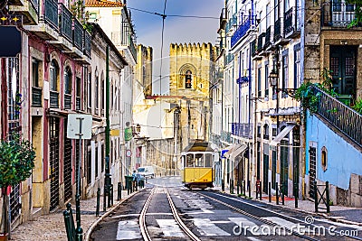 Lisbon Tram and Cityscape Stock Photo