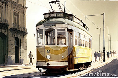 Lisbon tram. Watercolor painting. Stock Photo