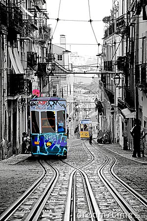 Lisbon Bica Cable Car with Ink Outlines Filter, Typical Trams, Historic Cablecars, Streetcars, Public Transportation Editorial Stock Photo