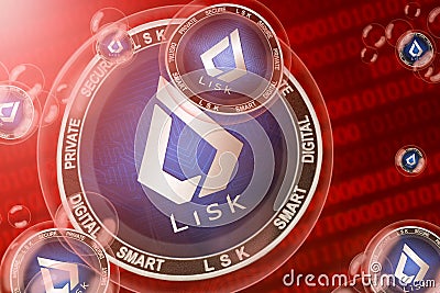 Lisk crash, bubble. Lisk LSK cryptocurrency coins in a bubbles on the binary code background Stock Photo