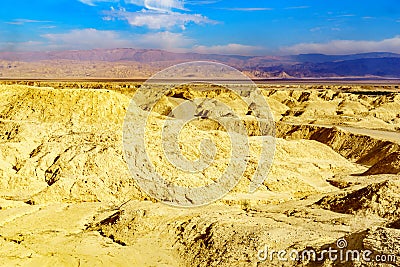 Lissan marl rocks and Edom mountains, the Arava Peace Road Stock Photo