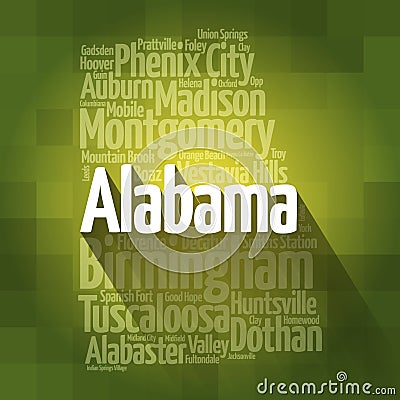 List of cities in Alabama USA state, map silhouette word cloud map concept Stock Photo