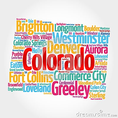 List of cities in Colorado USA state, map silhouette word cloud map concept background Stock Photo