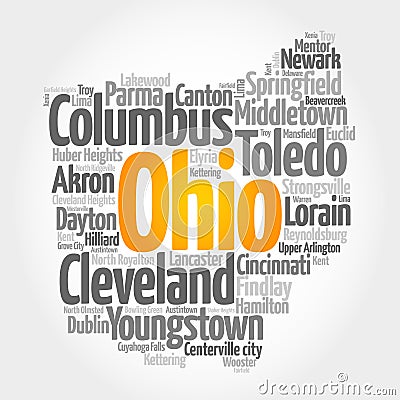 List of cities in Ohio USA state, map silhouette word cloud, map concept background Stock Photo