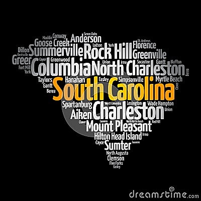 List of cities in South Carolina USA state, map silhouette word cloud, map concept background Stock Photo