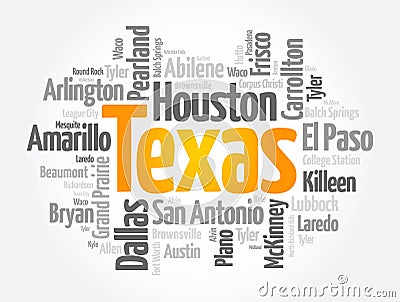 List of cities in Texas USA state word cloud, concept background Stock Photo