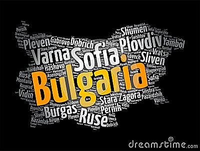 List of cities and towns in Bulgaria, map word cloud collage, business and travel concept background Stock Photo