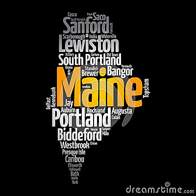 List of cities and towns in Maine USA state, map silhouette word cloud map concept background Stock Photo