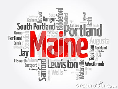 List of cities and towns in Maine USA state, word cloud concept background Stock Photo