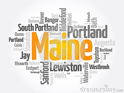 List of cities and towns in Maine USA state, word cloud concept background Stock Photo