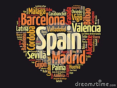 List of cities and towns in Spain composed in love sign heart shape, word cloud collage, business and travel concept Stock Photo