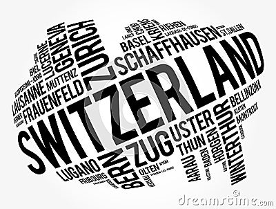 List of cities and towns in Switzerland, word cloud collage, business and travel concept background Stock Photo