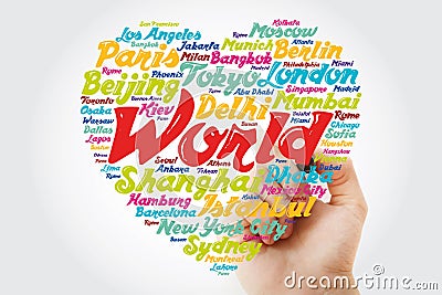 List of cities and towns in the WORLD composed in love sign heart shape, word cloud collage with marker, business and travel Stock Photo