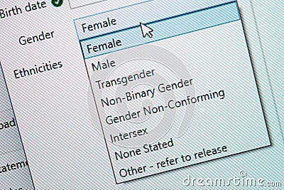 List of genders on screen Stock Photo