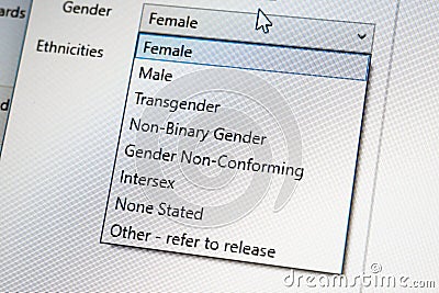 List of genders on screen Stock Photo