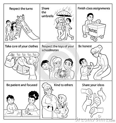 List of good rules for children in the school Vector Illustration