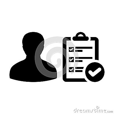 List icon vector male person profile avatar with survey checklist report document and tick symbol Vector Illustration