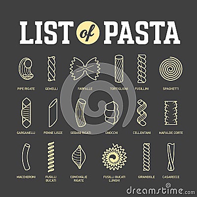 List of Pasta Vector Illustration