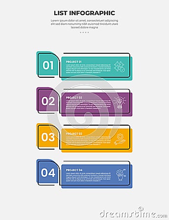 list vertical stacked process infographic outline style with 4 point template with creative rectangle container with separated Stock Photo