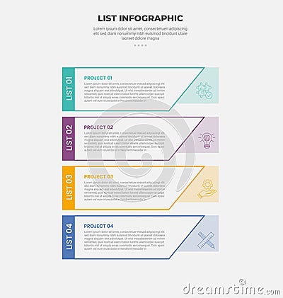 list vertical stacked process infographic outline style with 4 point template with creative sharp edge arrow with vertical badge Stock Photo