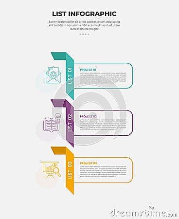 list vertical stacked process infographic outline style with 3 point template with flipped ribbon style with round rectangle Stock Photo