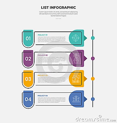 list vertical stacked process infographic outline style with 4 point template with open outline container with vertical timeline Stock Photo