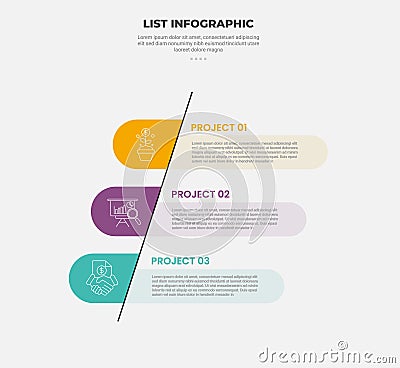 list vertical stacked process infographic outline style with 3 point template with skew line with round rectangle badge for slide Stock Photo