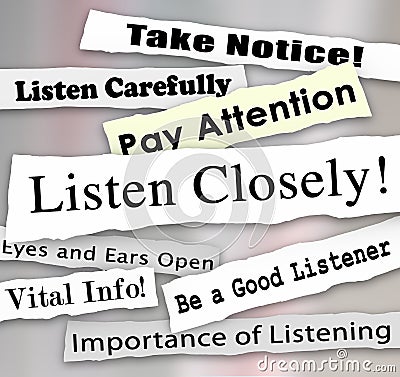 Listen Closely Newspaper Headlines Words Pay Attention Stock Photo