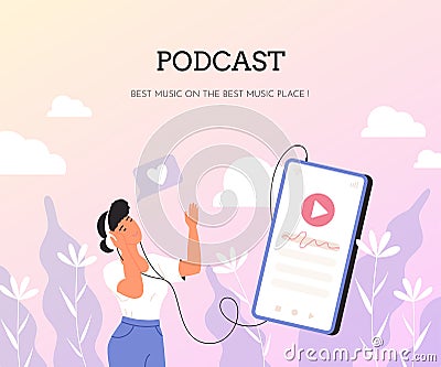 Listen music or audio podcast. Woman with headphone and microphone. Digital sound people character. Radio broadcasting Vector Illustration