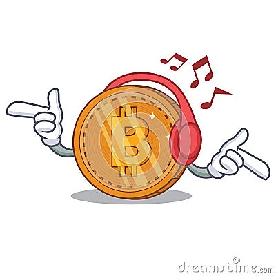 Listening music bitcoin coin character cartoon Vector Illustration