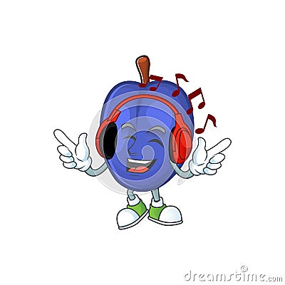 Listening music fresh prunes of character mascot in a cartoon. Vector Illustration